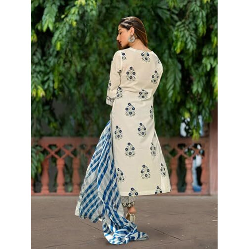 Pinkmint Womens Hevy Cotton Blend White&Yellow Kurta Set L Stitched Printed Dupatta Set L Stylish Women Festival Dress (Pack Of 1)