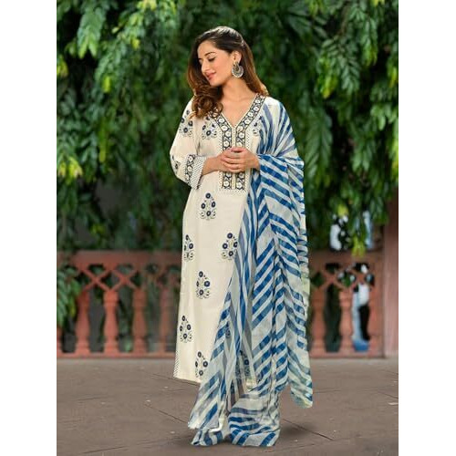 Pinkmint Womens Hevy Cotton Blend White&Yellow Kurta Set L Stitched Printed Dupatta Set L Stylish Women Festival Dress (Pack Of 1)