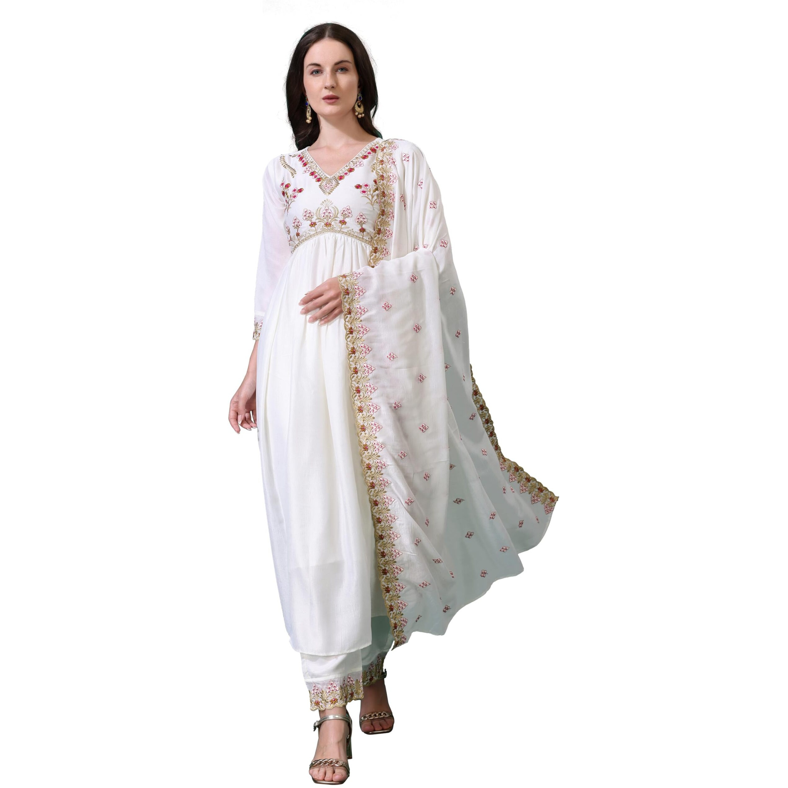 Pratham Blue Womens Silk Embroidered Regular Kurta Set (Bkp-1030-M_White