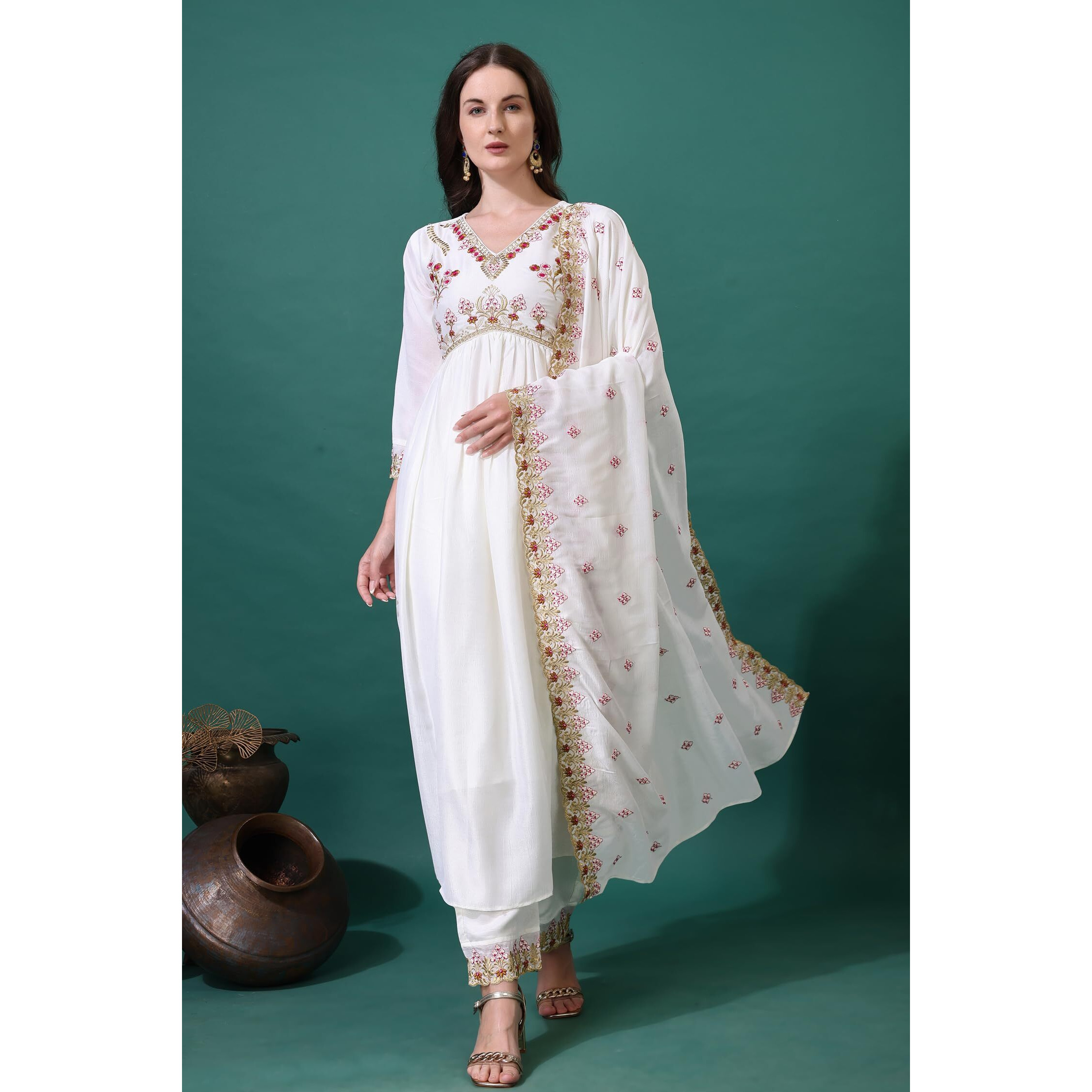 Pratham Blue Womens Silk Embroidered Regular Kurta Set (Bkp-1030-M_White