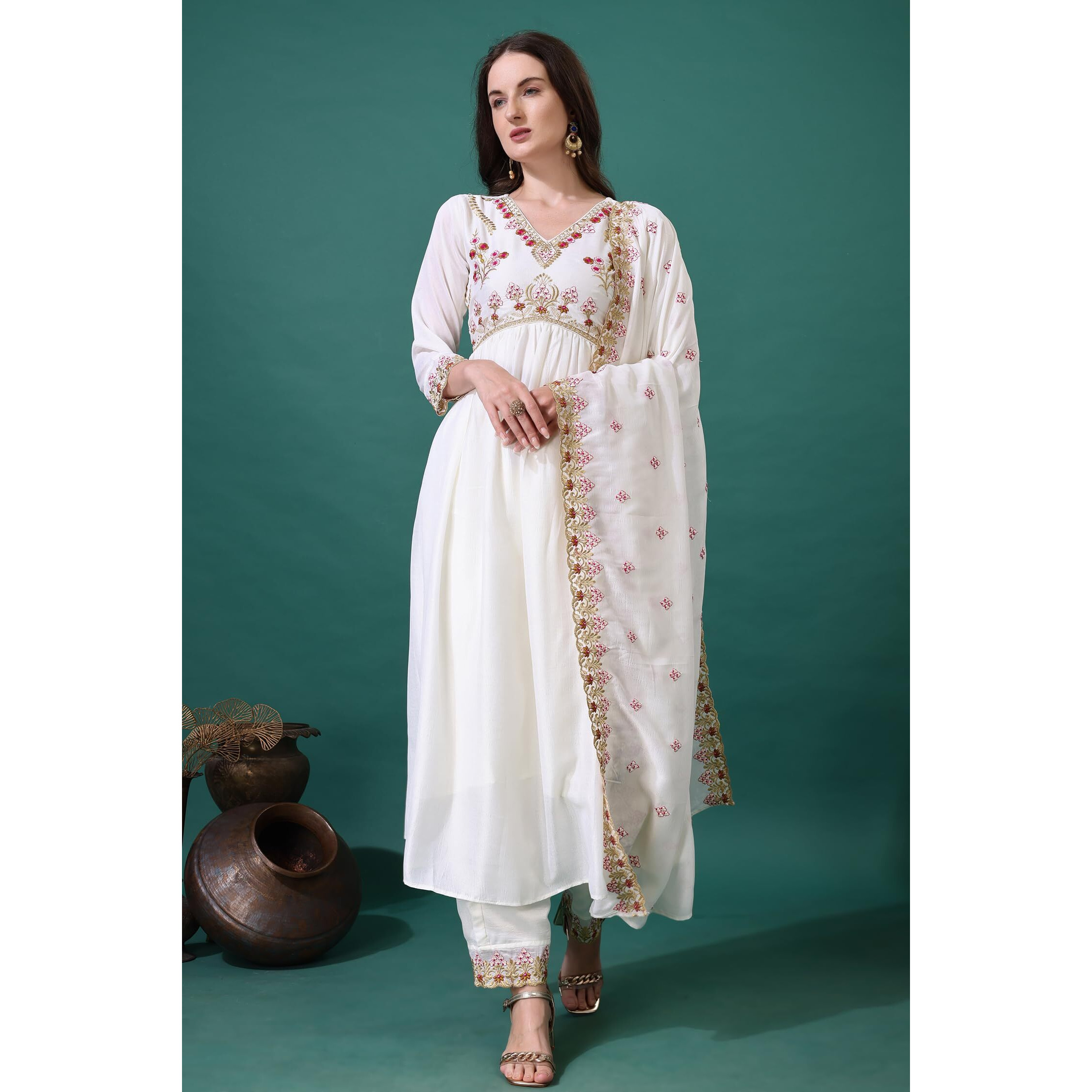 Pratham Blue Womens Silk Embroidered Regular Kurta Set (Bkp-1030-M_White