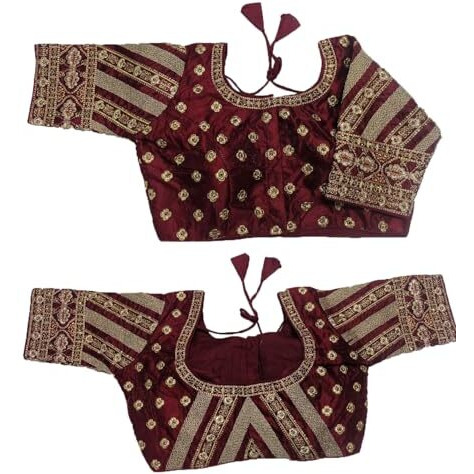Pujia Mills Womens Indian Ethnic Wear Stitched Designer Golden Codding With Zari Embroidered Work Round Neck Half Sleeve Readymade Padded Saree Blouse Maroon Readymade Work Blouse