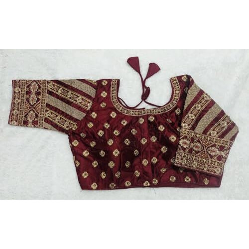Pujia Mills Womens Indian Ethnic Wear Stitched Designer Golden Codding With Zari Embroidered Work Round Neck Half Sleeve Readymade Padded Saree Blouse Maroon Readymade Work Blouse