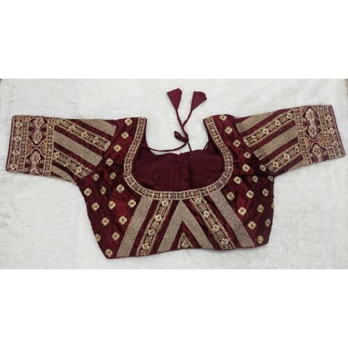 Pujia Mills Womens Indian Ethnic Wear Stitched Designer Golden Codding With Zari Embroidered Work Round Neck Half Sleeve Readymade Padded Saree Blouse Maroon Readymade Work Blouse
