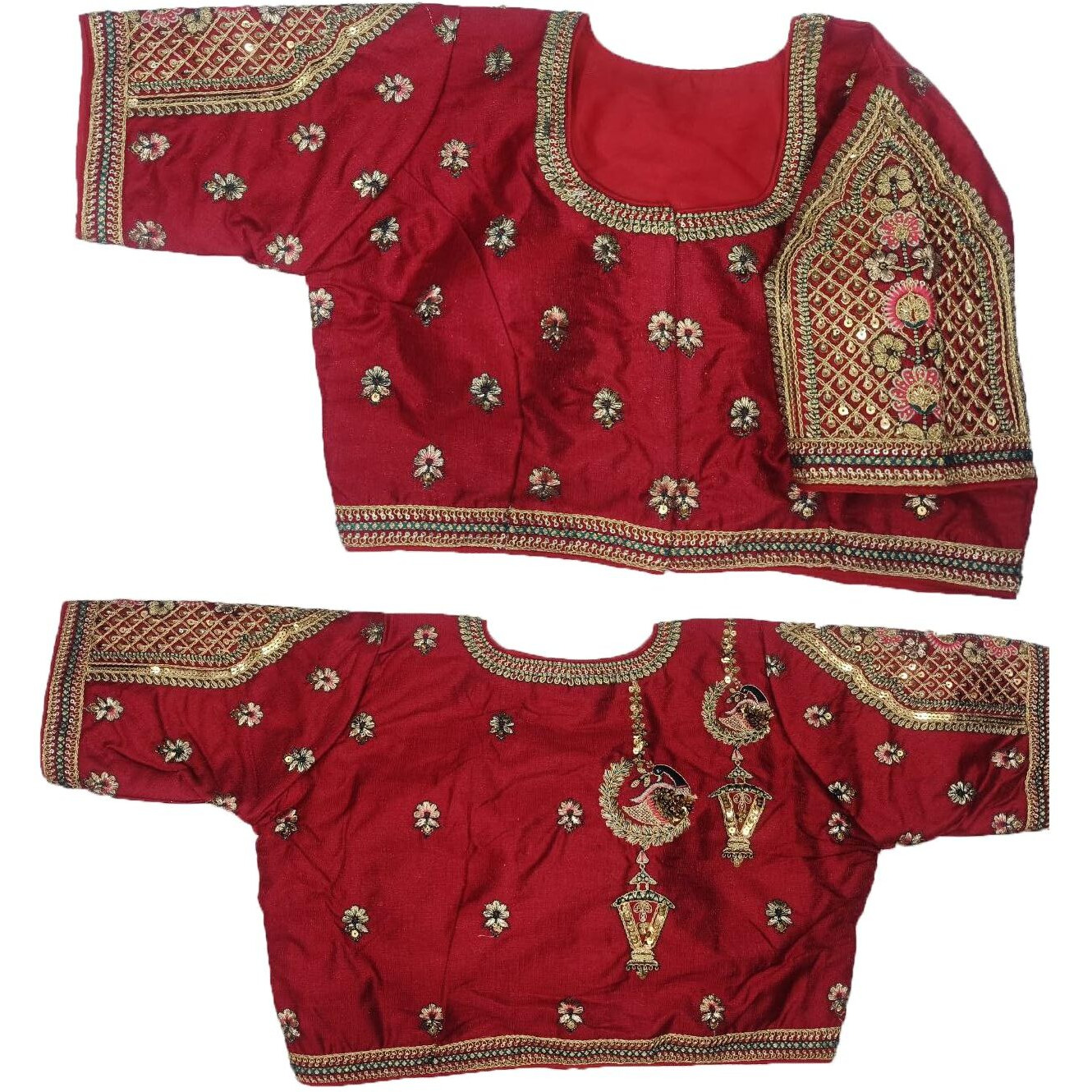 Pujia Mills Womens Indian Ethnic Designer Codding With Zari Embroidery Copper Sequence Work Round Neck Half Sleeve Readymade Aari Work Saree Blouse Bridal Readymade Blouse Red For Lehenga Choli