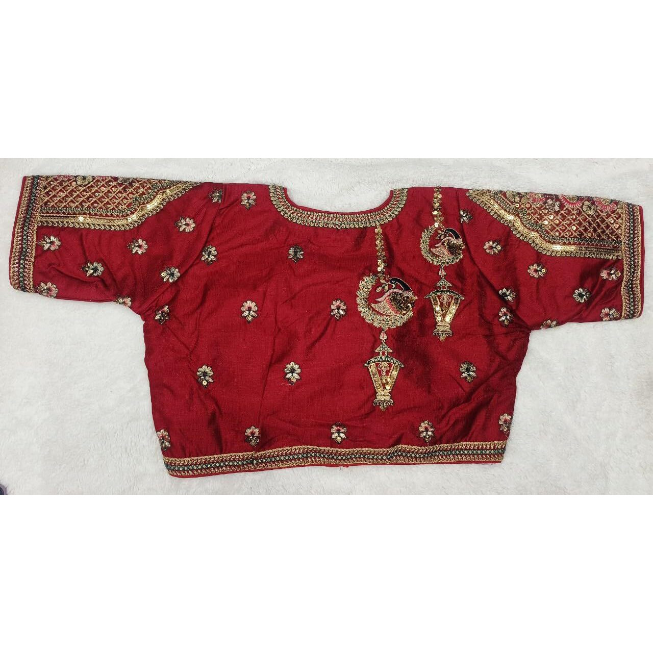 Pujia Mills Womens Indian Ethnic Designer Codding With Zari Embroidery Copper Sequence Work Round Neck Half Sleeve Readymade Aari Work Saree Blouse Bridal Readymade Blouse Red For Lehenga Choli