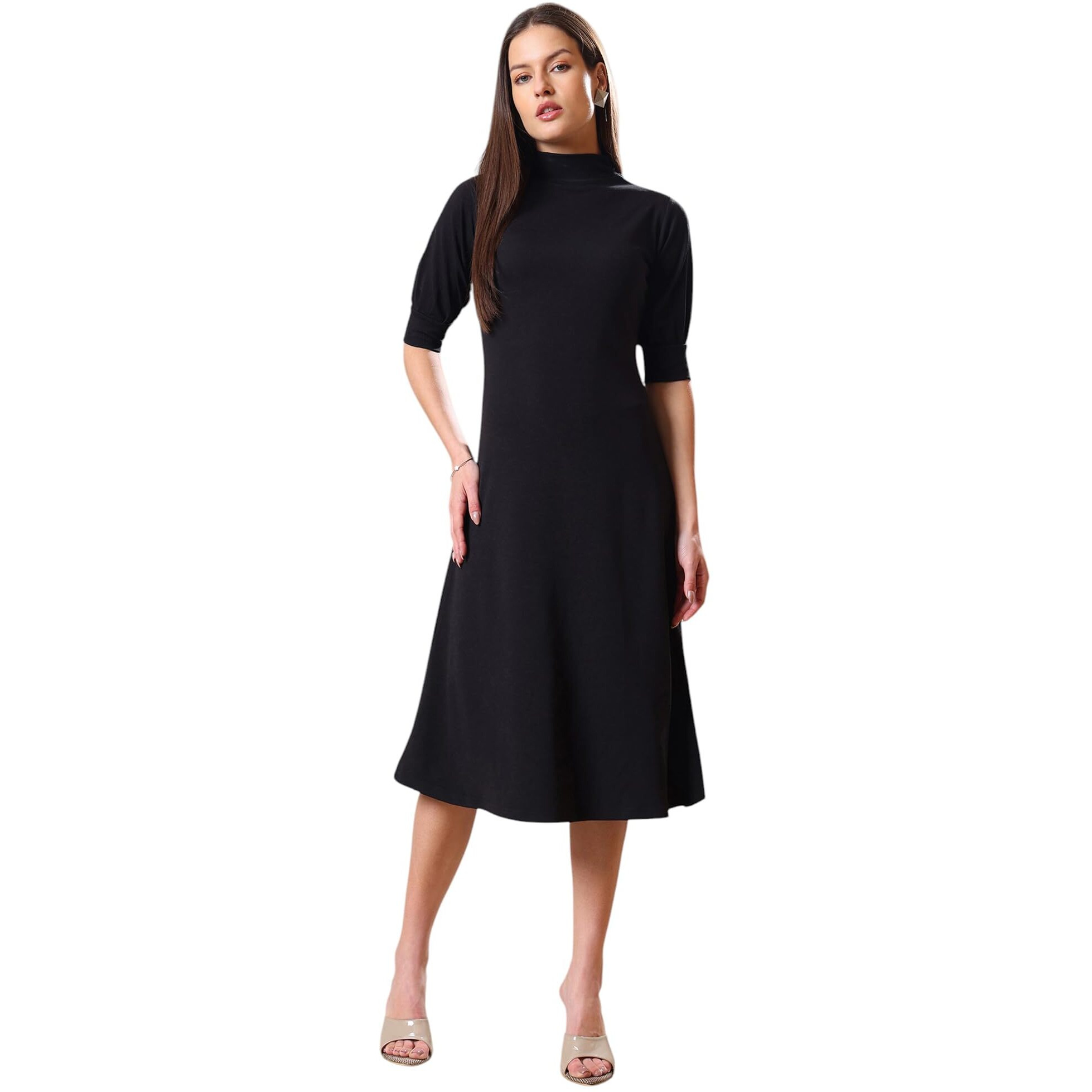 Purvaja Womens A-Line Knee Length Dress (Bely-123_Black_Small)