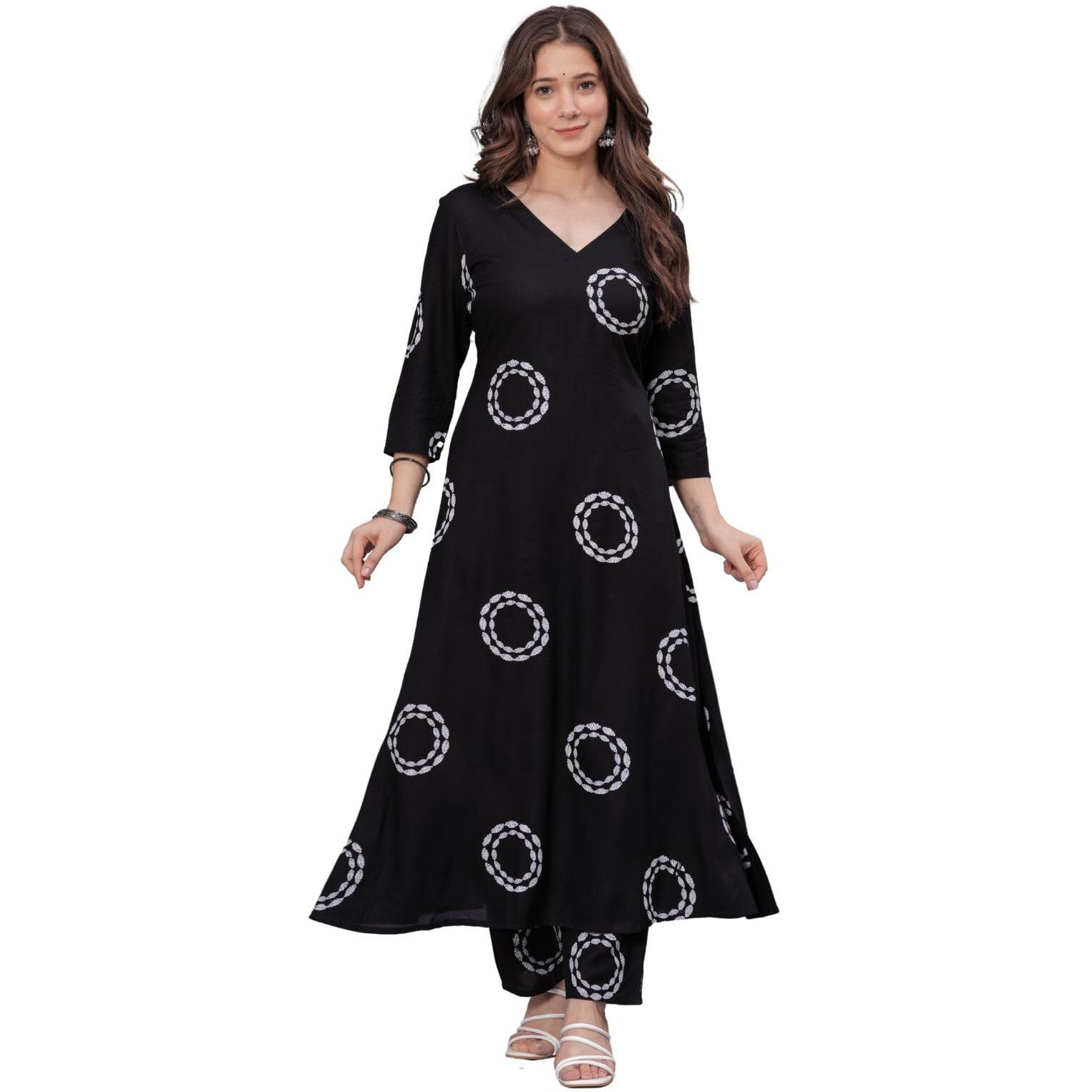 Rytras Womens Rayon Printed Anarkali Kurta Set With Palazzo Pants - Ethnic Wear, Black(Ryt591,M)