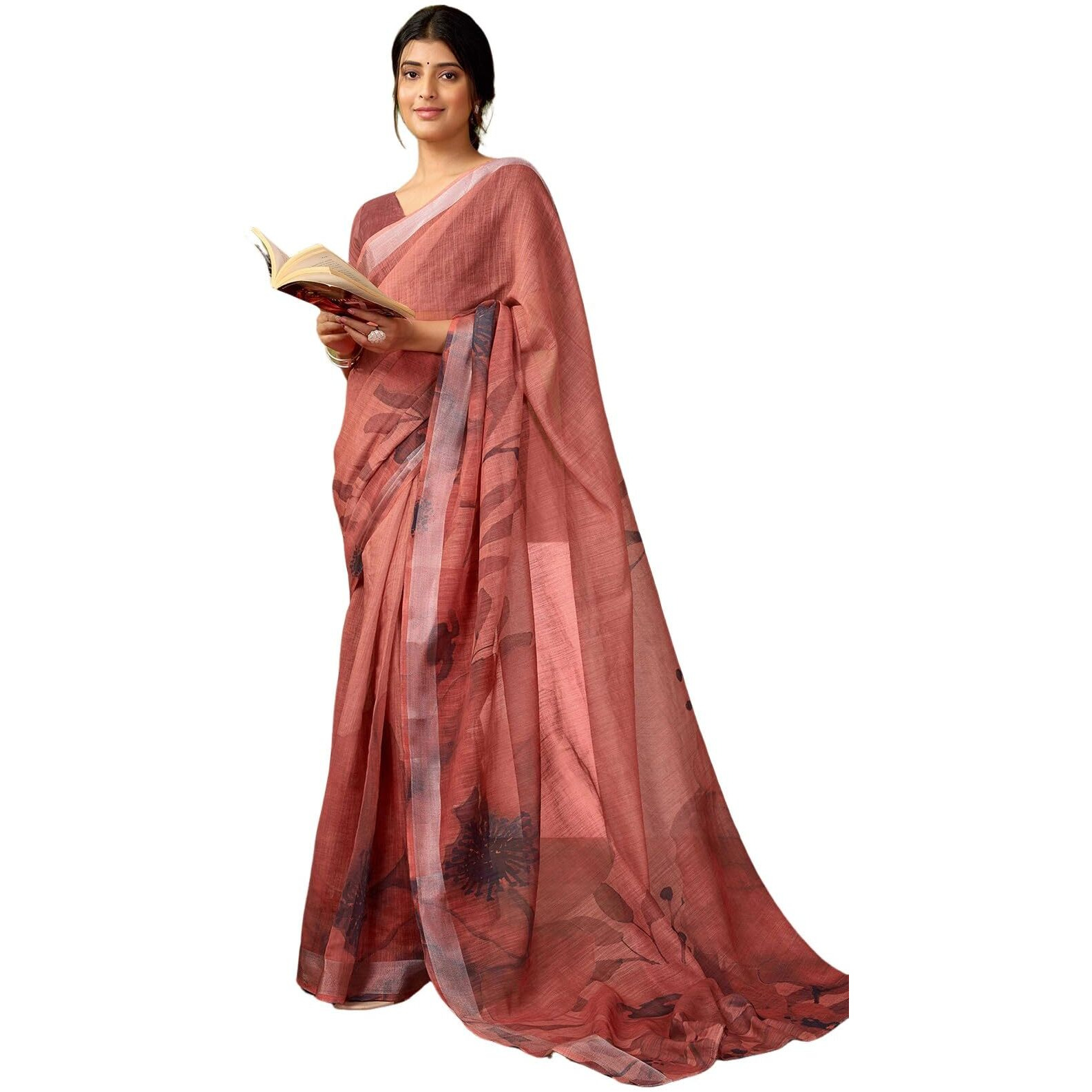 Satrani Womens Linen Printed & Zari Border Ready To Wear One Minute Pre Pleated Readymade Saree With Unstitched Blouse Piece (35Rs337N_Chestnut Brown)