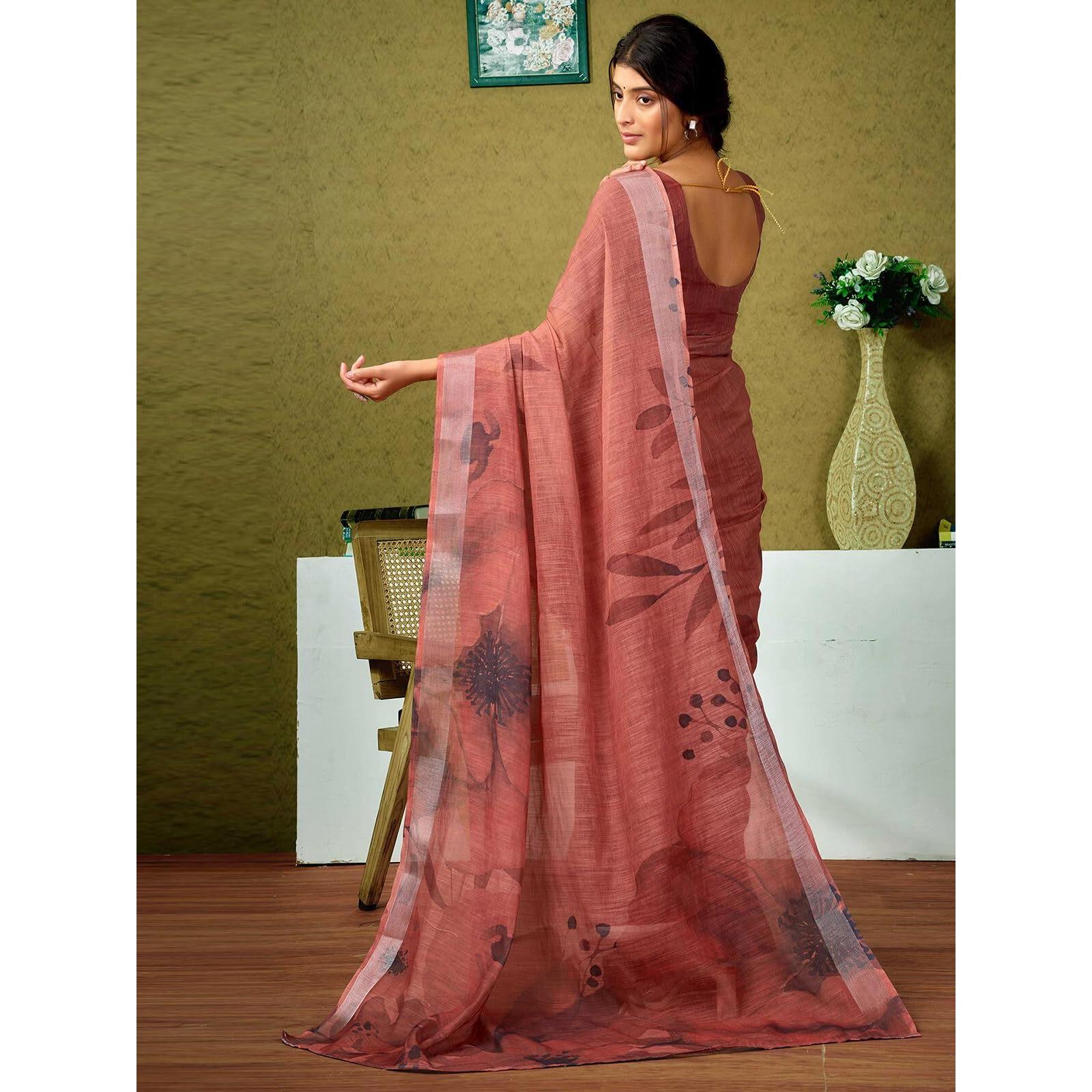 Satrani Womens Linen Printed & Zari Border Ready To Wear One Minute Pre Pleated Readymade Saree With Unstitched Blouse Piece (35Rs337N_Chestnut Brown)