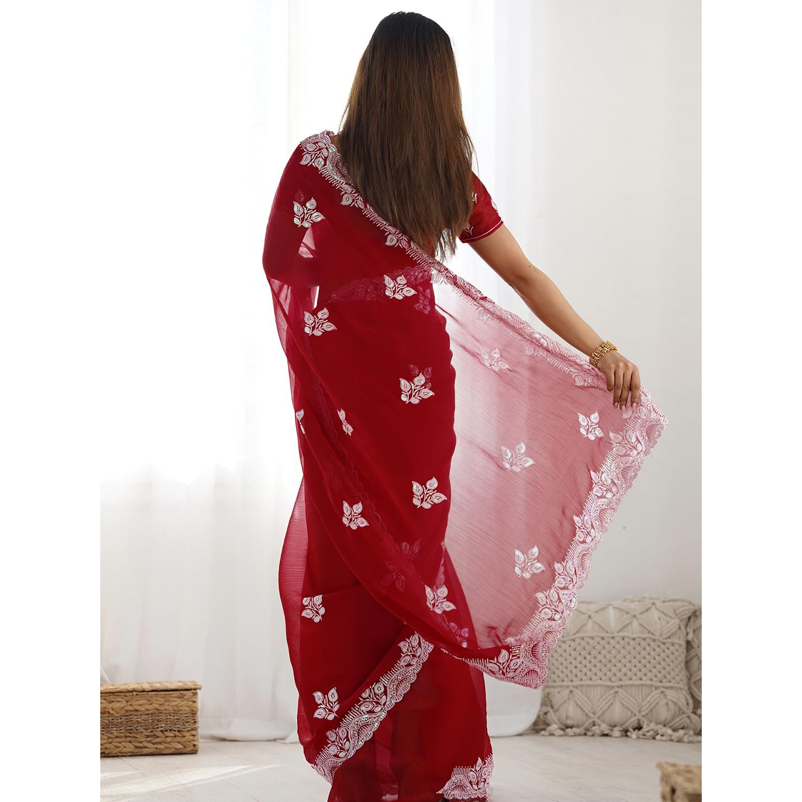 Satrani Womens Shimmer Chiffon Embroidery And Sequin Work Saree With Unstitched Blouse Piece (4136S154N_Red)
