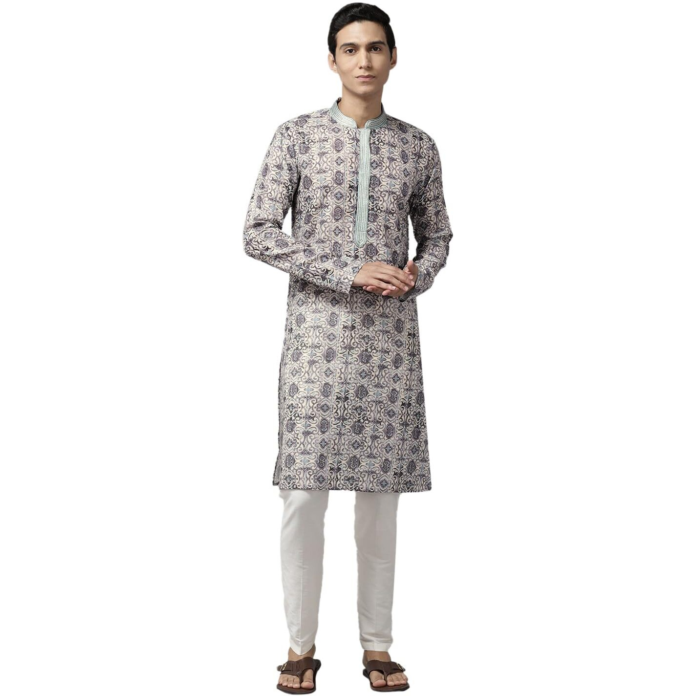See Designs Multicolored Cotton Regular Fit Embroidered Kurta Set Mandarin Collar Long Sleeves_Sdmekt126706S