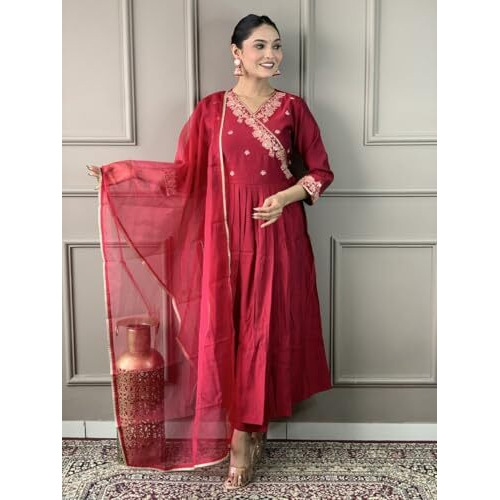 Shiv Textiles Womens Chanderi Silk Embroidered Kurta Pant Dupatta Set(Jda-Olivia-Maroon-Xxl)