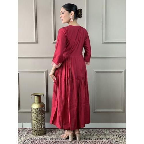 Shiv Textiles Womens Chanderi Silk Embroidered Kurta Pant Dupatta Set(Jda-Olivia-Maroon-Xxl)