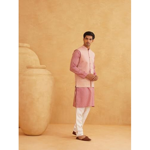 Sojanya (Since 1958 Mens Pink Woven Design Silk Blend Kurta With Pyjama & Pink Nehru Jacket