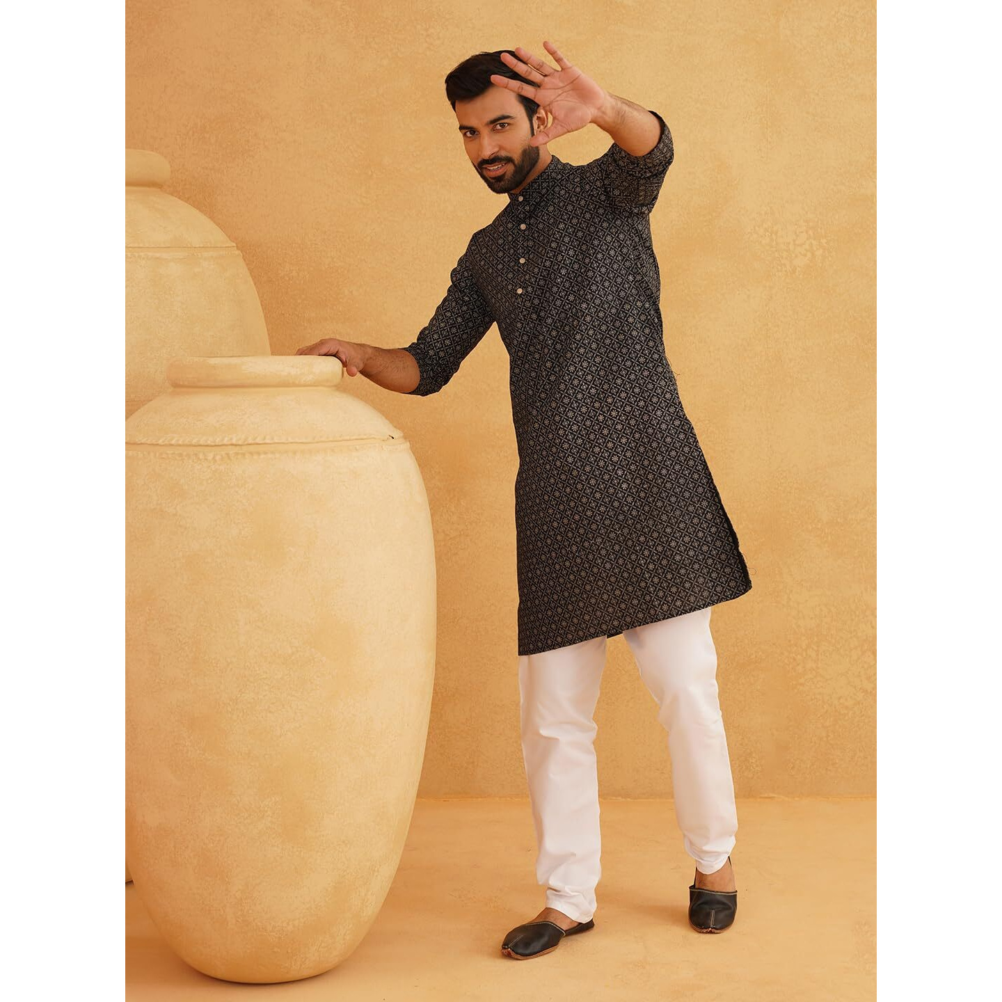 Sojanya (Since 1958 Mens Cotton Linen Black Foil Printed Kurta And White Pyjama Set