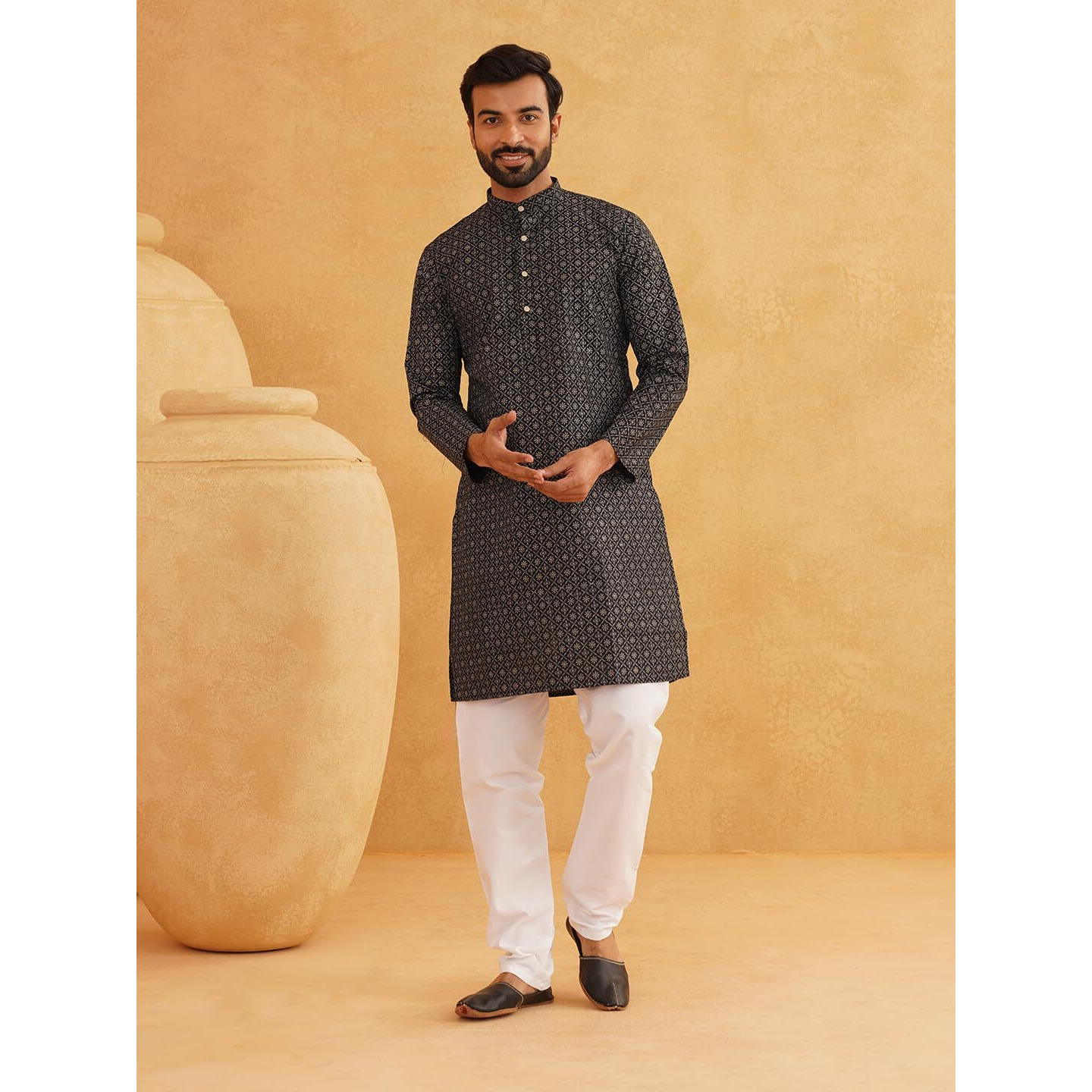 Sojanya (Since 1958 Mens Cotton Linen Black Foil Printed Kurta And White Pyjama Set