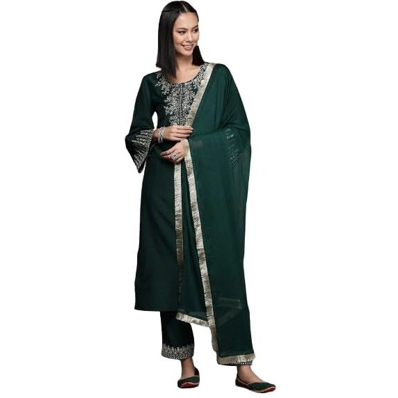 Varanga Women Green Embroidered Straight Kurta Paired With Tonal Bottom And Dupatta