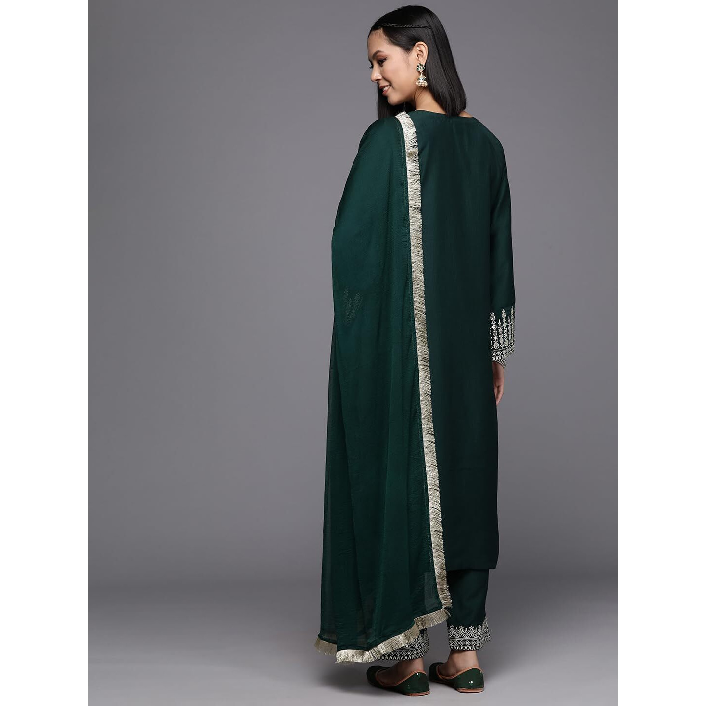 Varanga Women Green Embroidered Straight Kurta Paired With Tonal Bottom And Dupatta