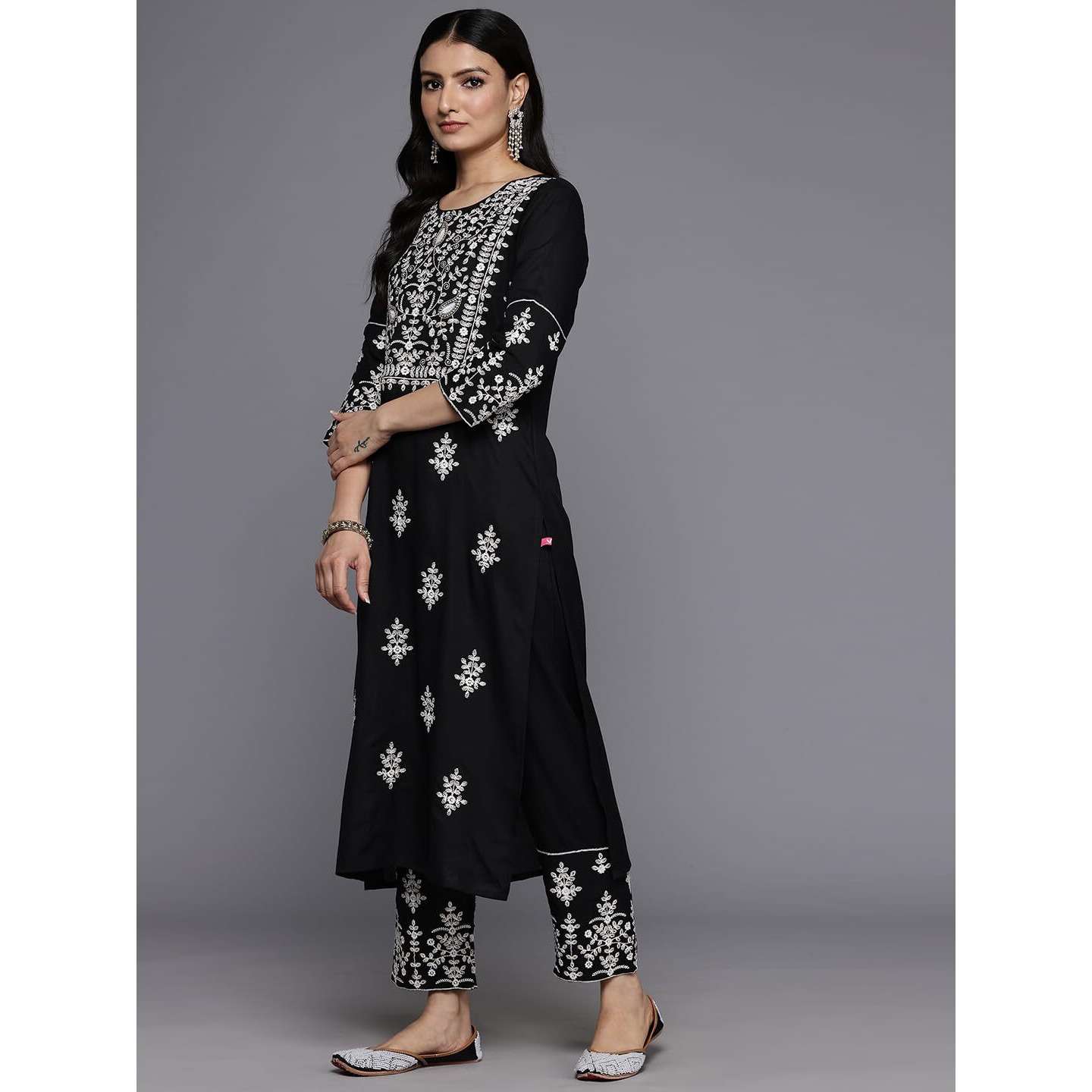 Varanga Womens Black Round Neck Thread Embroidered Kurta Paired With Bottom And Dupatta