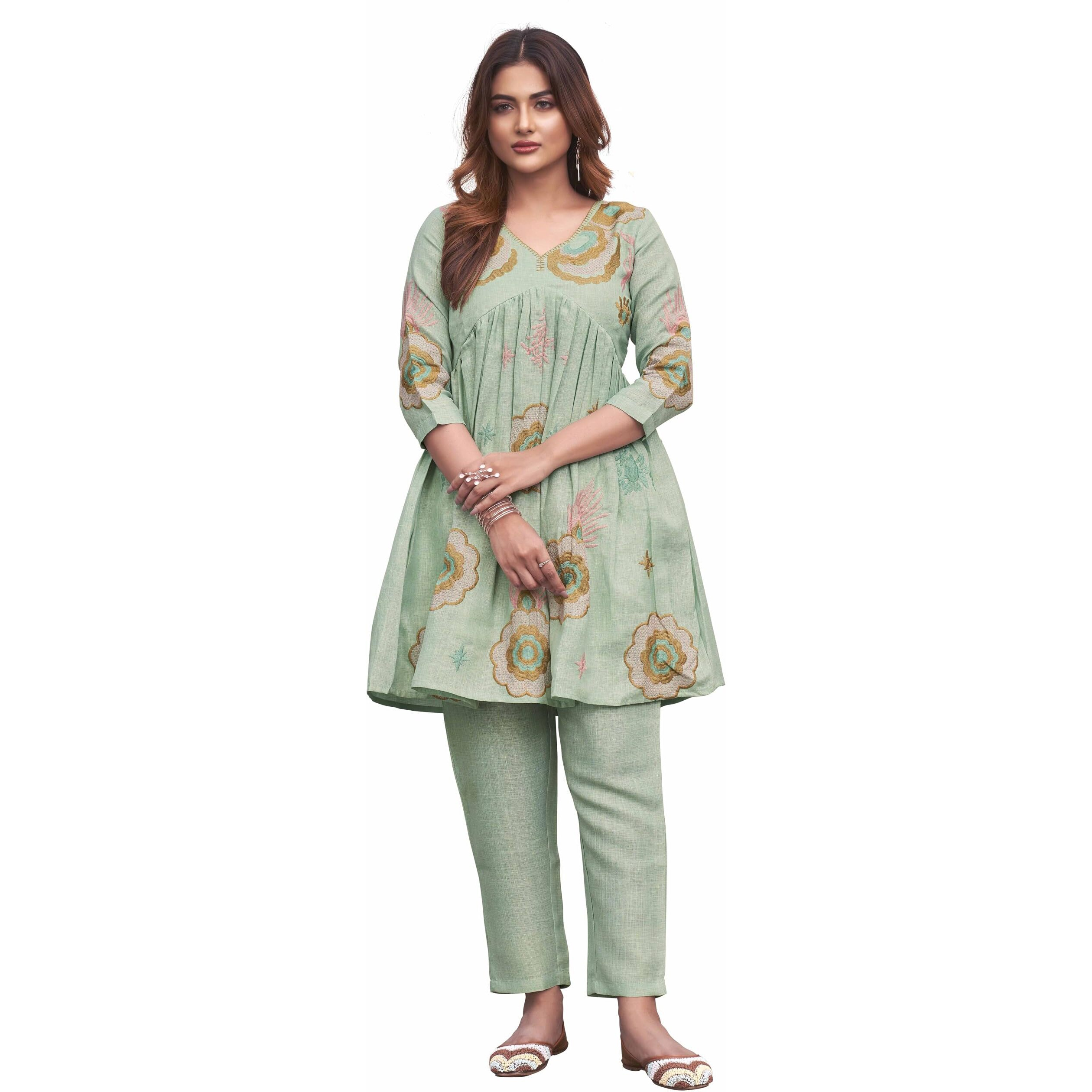 Womanista Womens Linen Solid Regular Embroidered Co-Ord Set 9143_Sea Green