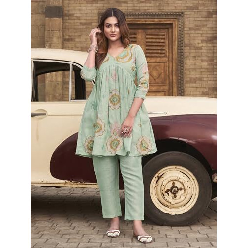 Womanista Womens Linen Solid Regular Embroidered Co-Ord Set 9143_Sea Green