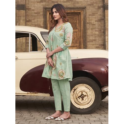 Womanista Womens Linen Solid Regular Embroidered Co-Ord Set 9143_Sea Green