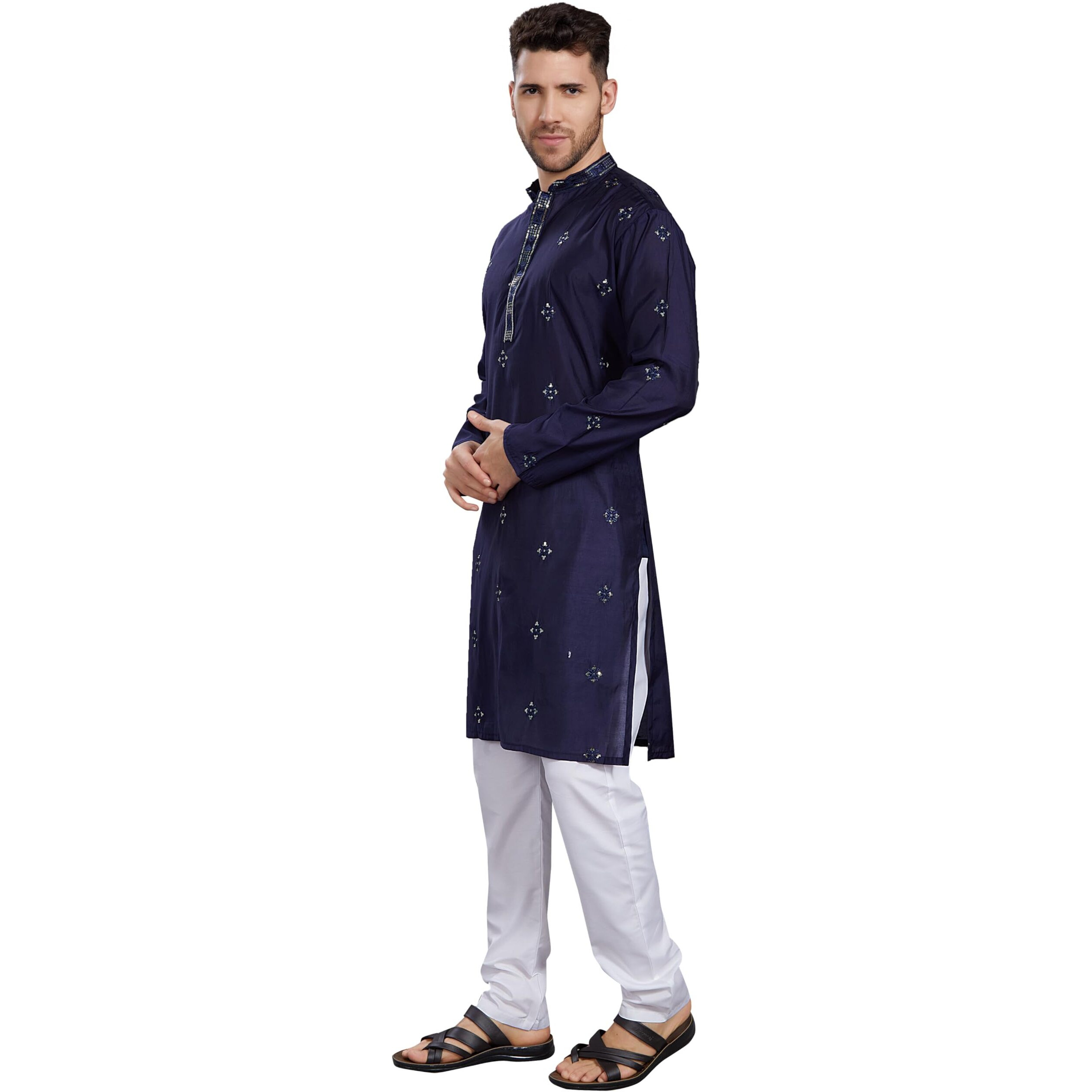 Divisive Mens Embroidered Silk Blend Only Slim Fit Kurta (Dkrt828_L_Navy)