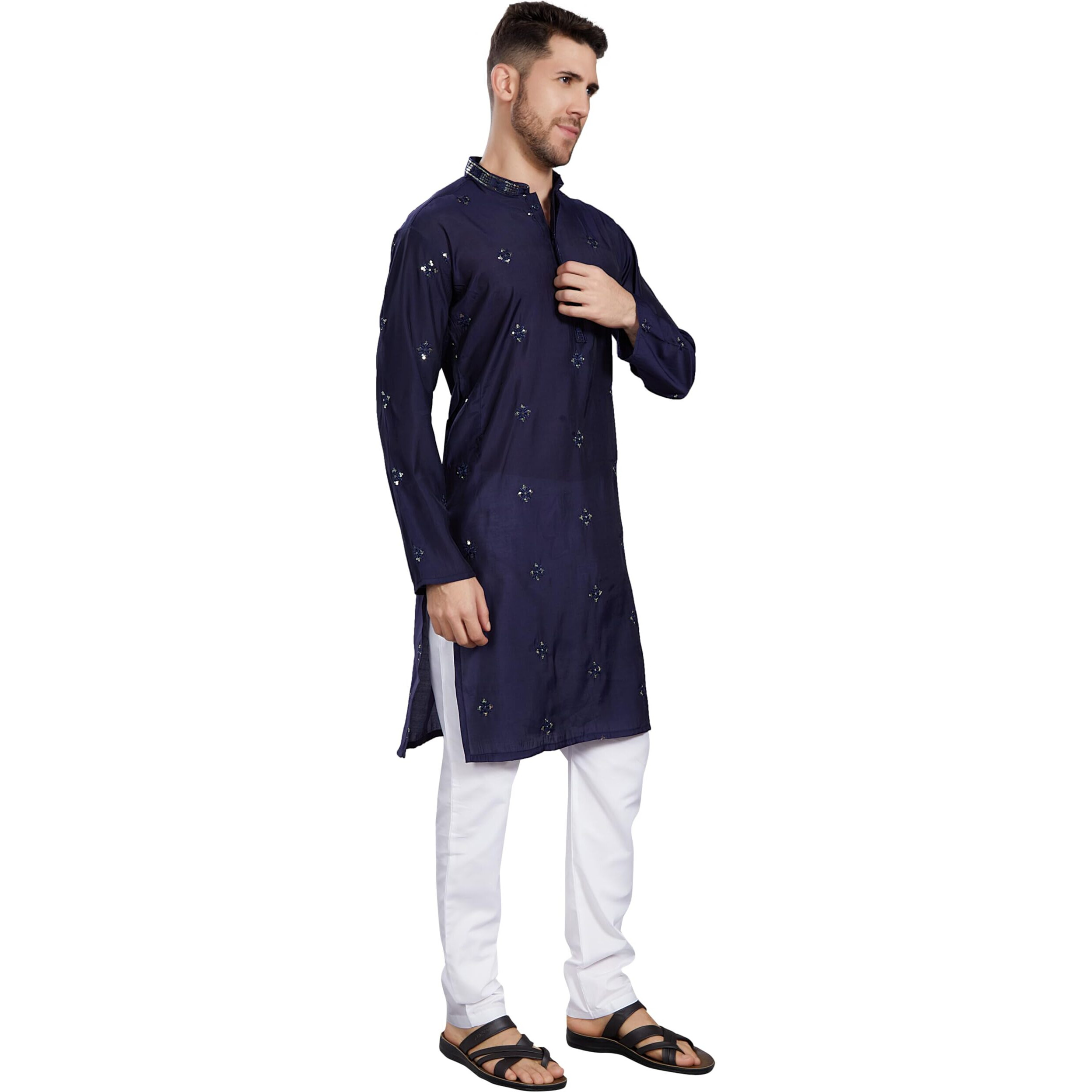 Divisive Mens Embroidered Silk Blend Only Slim Fit Kurta (Dkrt828_L_Navy)