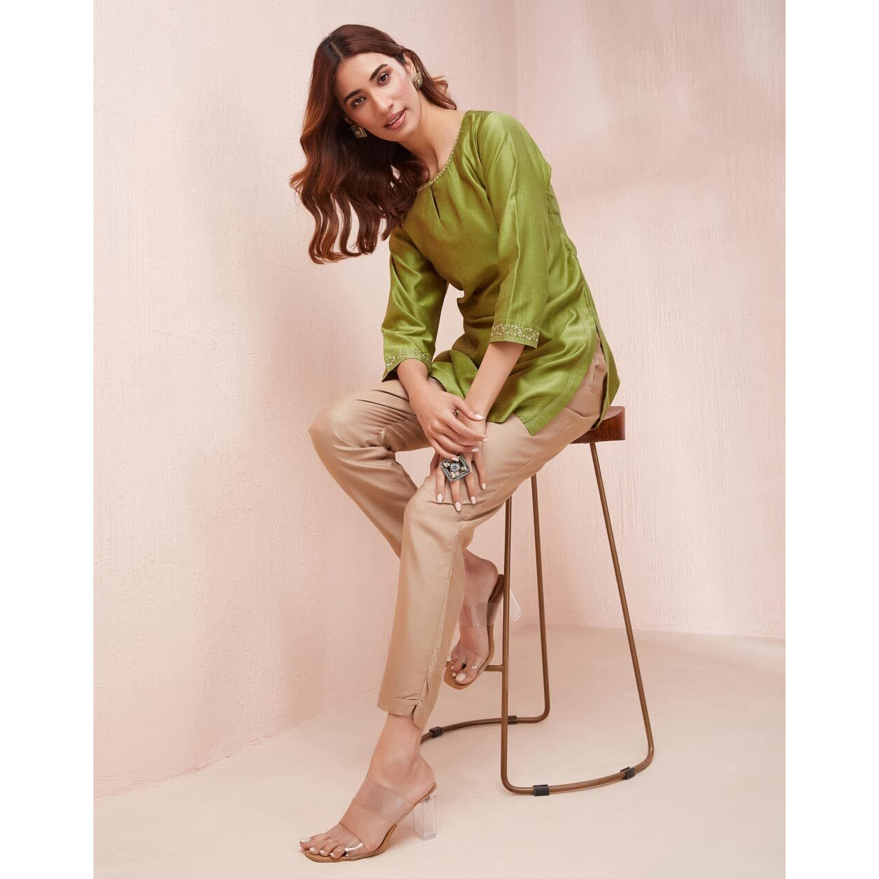 Fabindia Womens Cotton Silk Embroidered Slim Kurta (1037304Green_Green