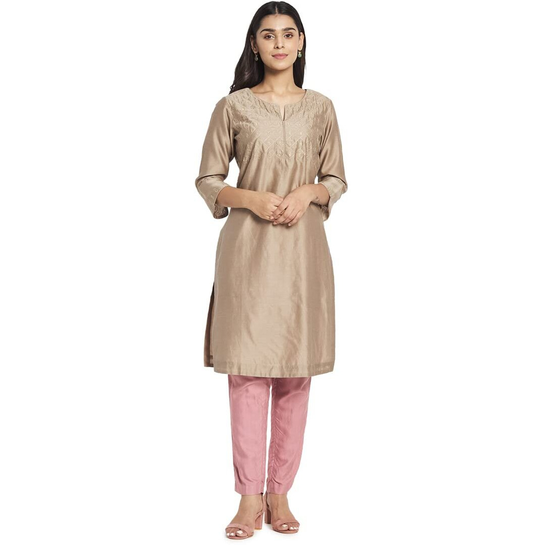 Fabindia Women Cotton Silk Embroidered Knee Length Kurta Beige_S