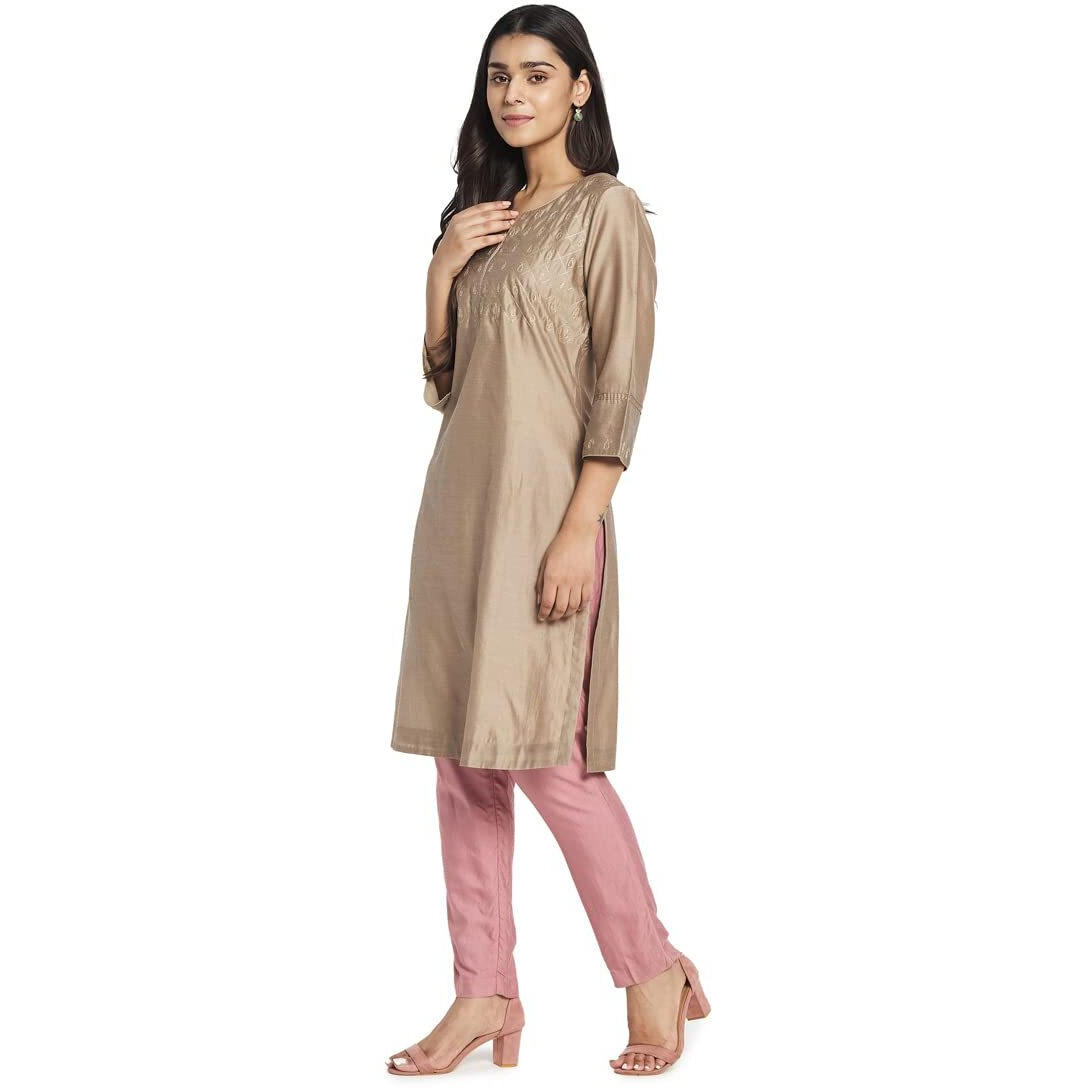 Fabindia Women Cotton Silk Embroidered Knee Length Kurta Beige_S