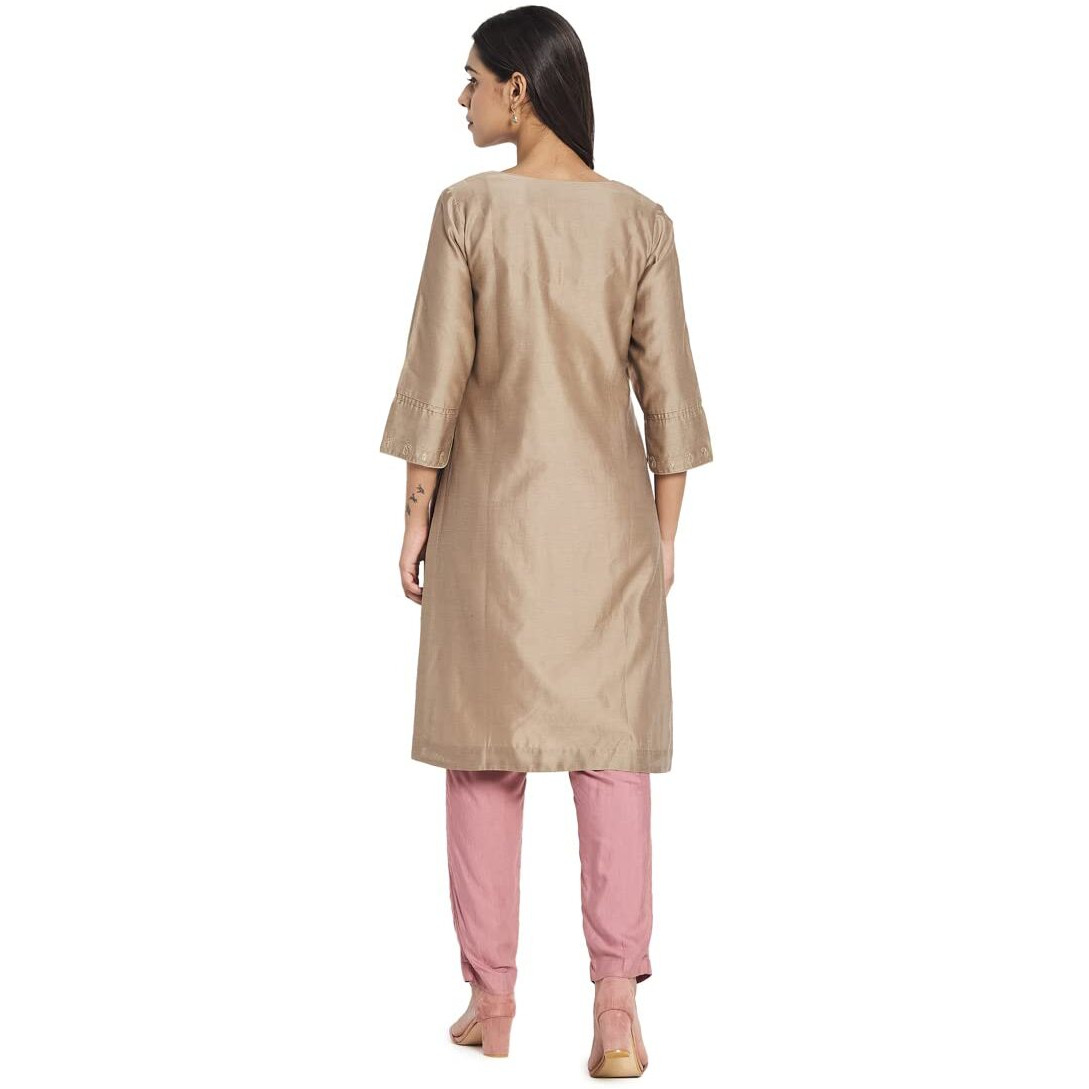 Fabindia Women Cotton Silk Embroidered Knee Length Kurta Beige_S