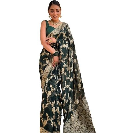 Flosive Womens Kanjivaram Silk Saree With Weaving Work Gold Zari With Blouse (Dark Green)