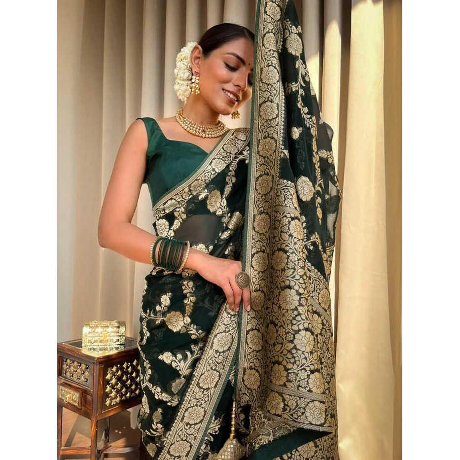 Flosive Womens Kanjivaram Silk Saree With Weaving Work Gold Zari With Blouse (Dark Green)