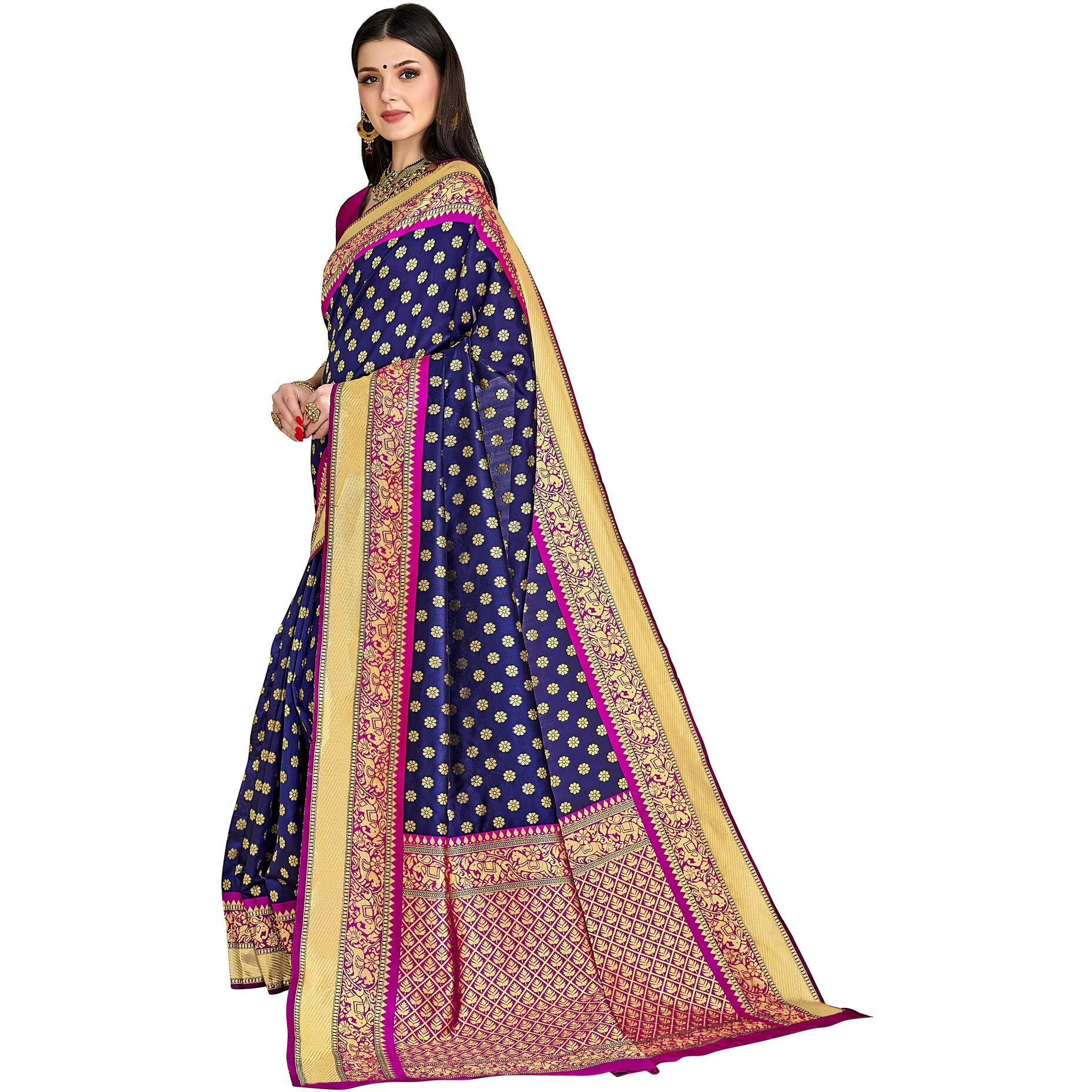 Glory Sarees Womens Silk Blend Banarasi Saree (Bridal_Silk120_Navy_Blue)