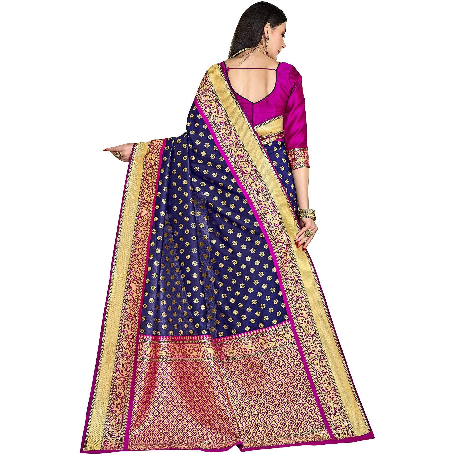 Glory Sarees Womens Silk Blend Banarasi Saree (Bridal_Silk120_Navy_Blue)