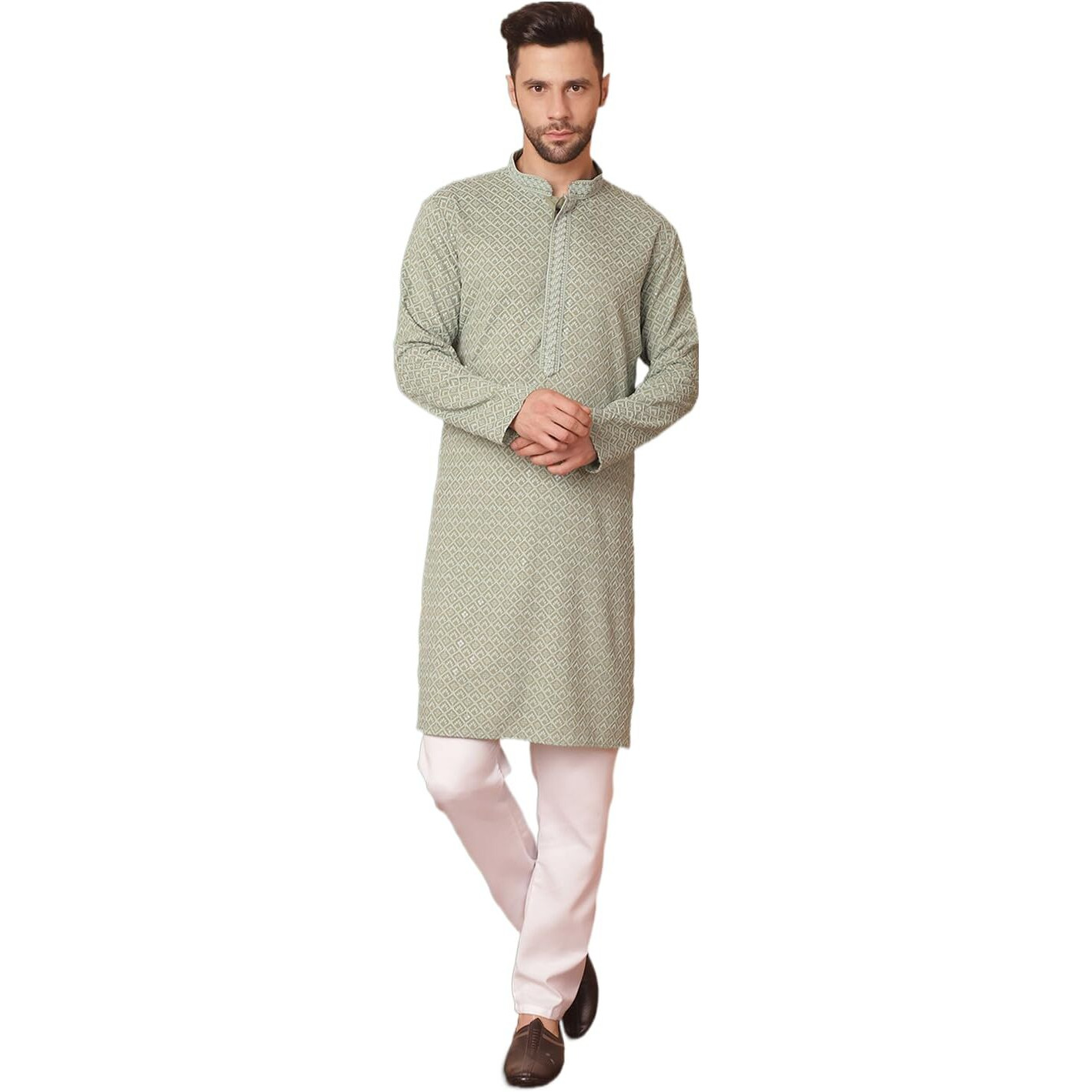 Jompers Mens Pista Embroidered And Sequence Kurta With Pyjama. (Pista, Xl)