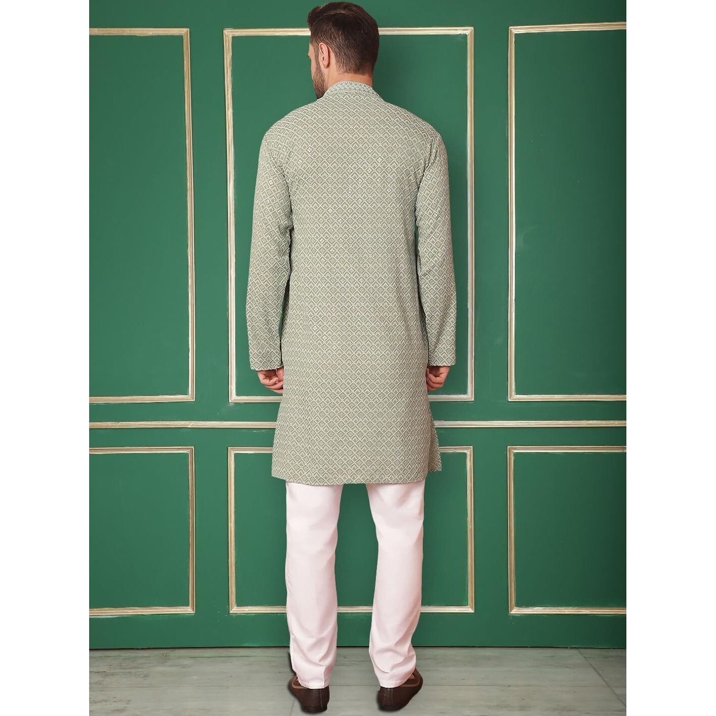 Jompers Mens Pista Embroidered And Sequence Kurta With Pyjama. (Pista, Xl)
