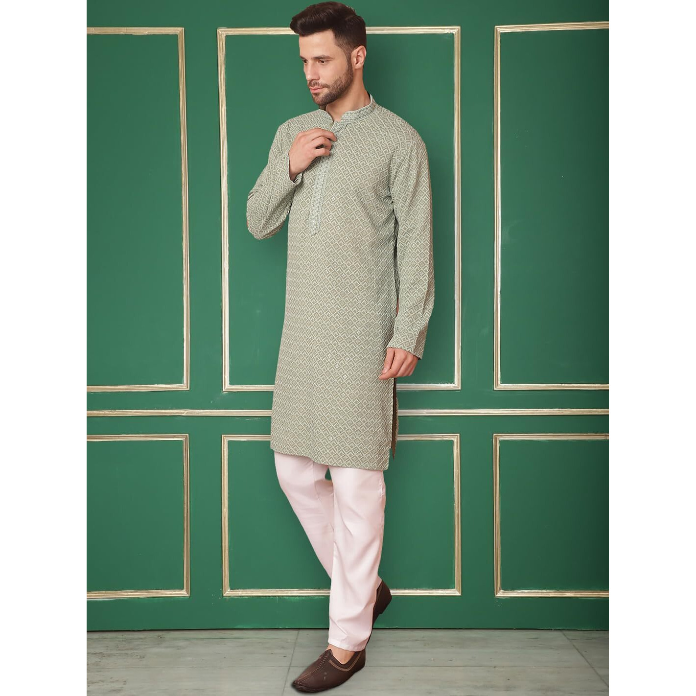 Jompers Mens Pista Embroidered And Sequence Kurta With Pyjama. (Pista, Xl)