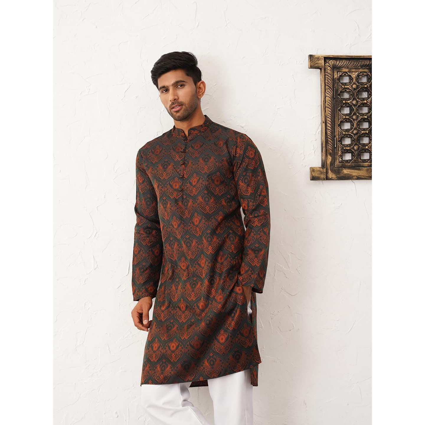 Jompers Mens Bronze Silk Blend Straight Kurta Pyjama Set. (Bronze, M)