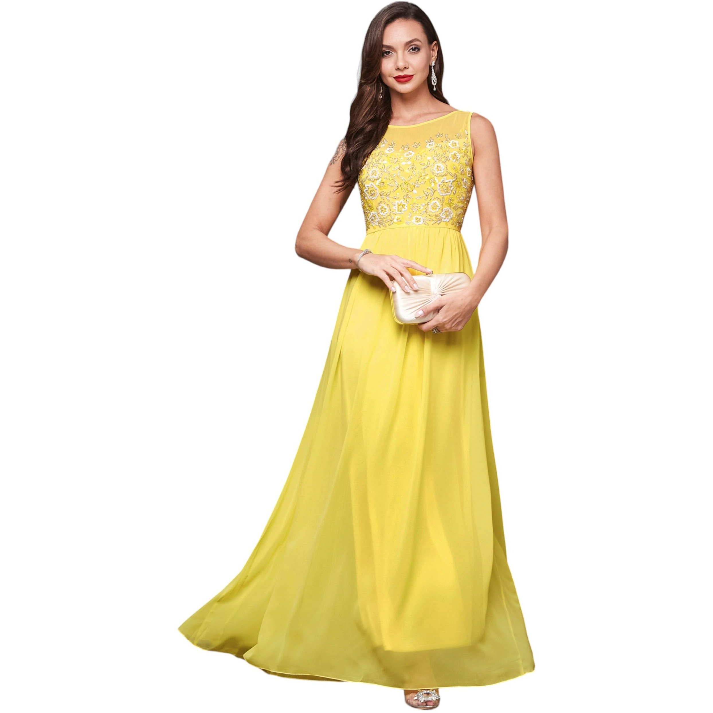 Miss Chase Womens Boat Neck Sleeveless Embroidered Georgette Maxi Dress (Plus Size) (Mcaw19D08-45-304-06, Light Yellow, Xl)