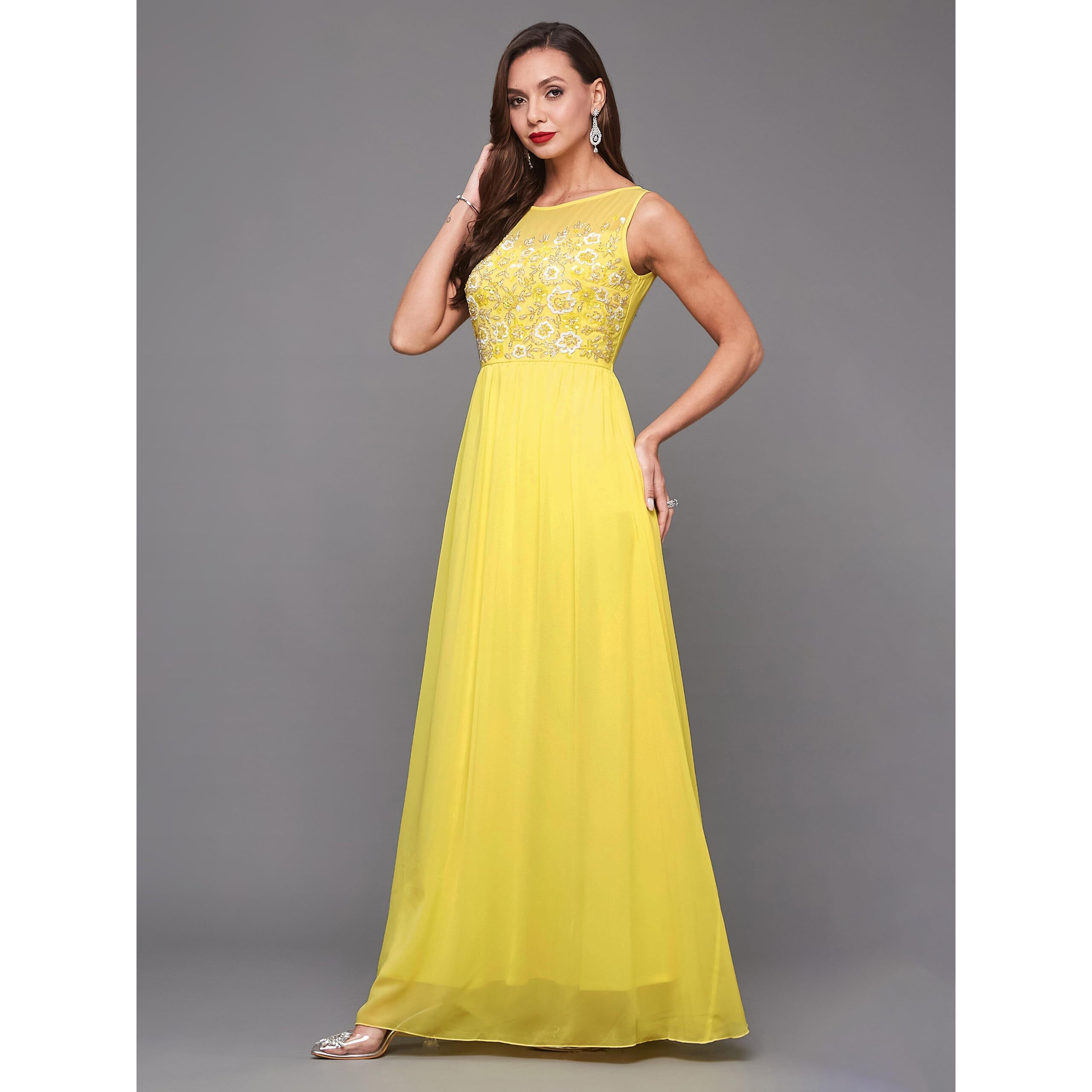 Miss Chase Womens Boat Neck Sleeveless Embroidered Georgette Maxi Dress (Plus Size) (Mcaw19D08-45-304-06, Light Yellow, Xl)