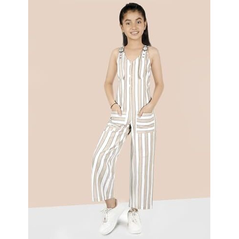 Naughty Ninos Girls Beige Coloured Striped Pure Cotton Jumpsuit (Nn01018Drs_6-7 Years)