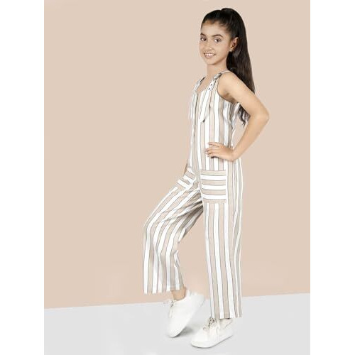Naughty Ninos Girls Beige Coloured Striped Pure Cotton Jumpsuit (Nn01018Drs_6-7 Years)