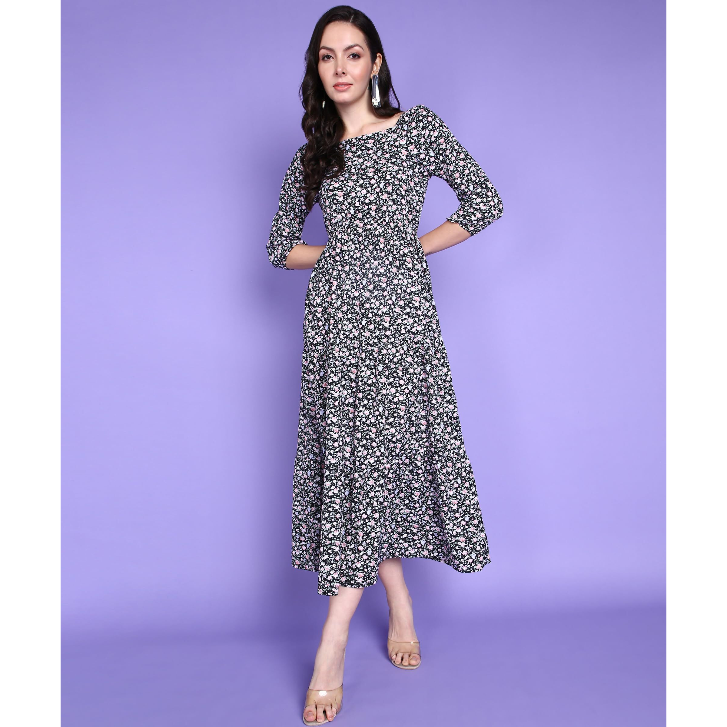 Popwings Polyester Fit And Flare Maxi Women Dress (B0Cgdfx94Q_Black