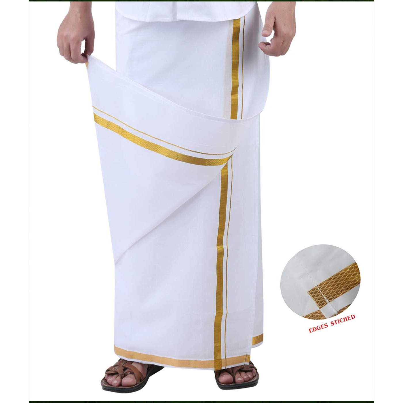 Prakasam Cotton Mens Jari Cotton Double Dhoti With Edges Stitched Free Size Dhoti/Double Jari Border Dhoti
