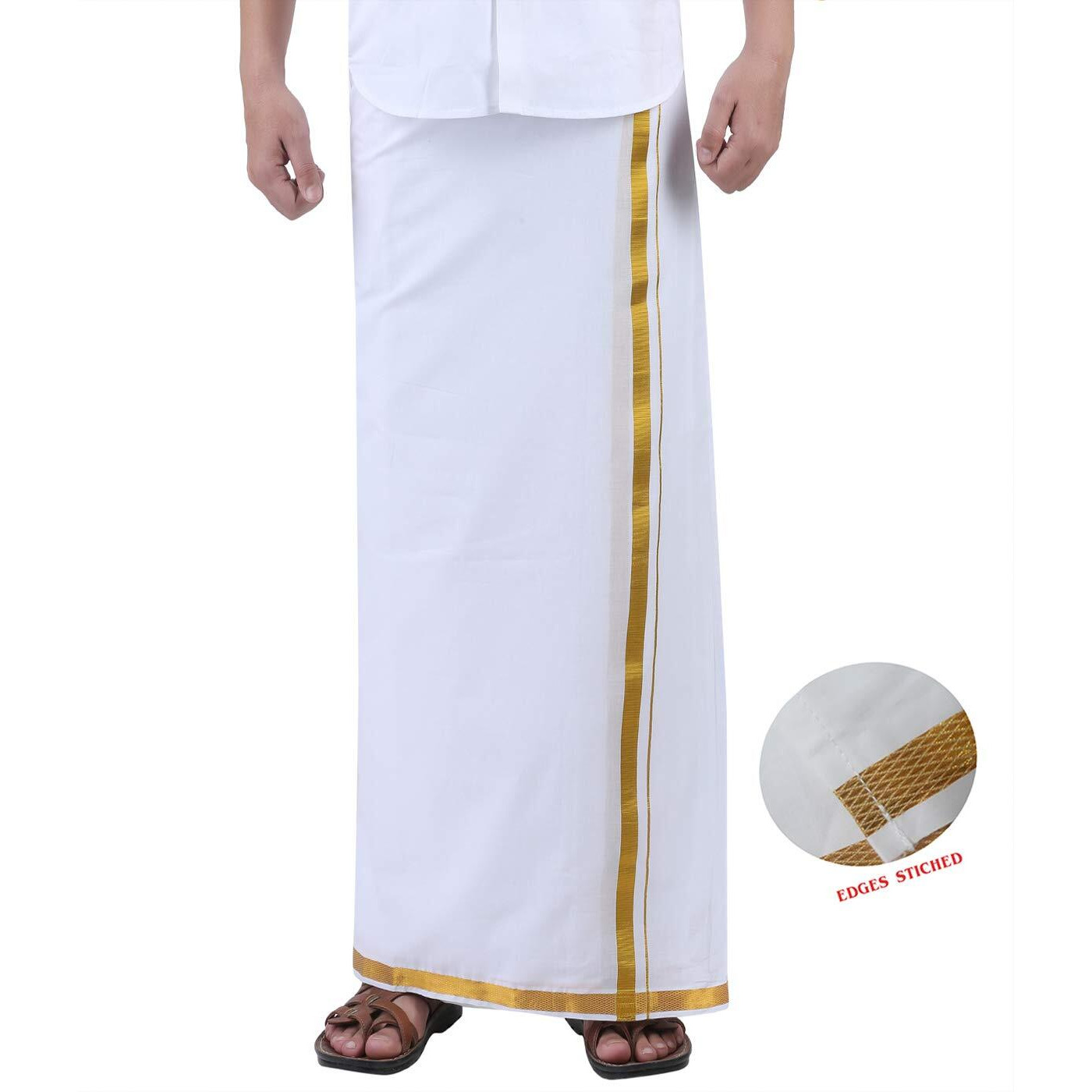 Prakasam Cotton Mens Jari Cotton Double Dhoti With Edges Stitched Free Size Dhoti/Double Jari Border Dhoti