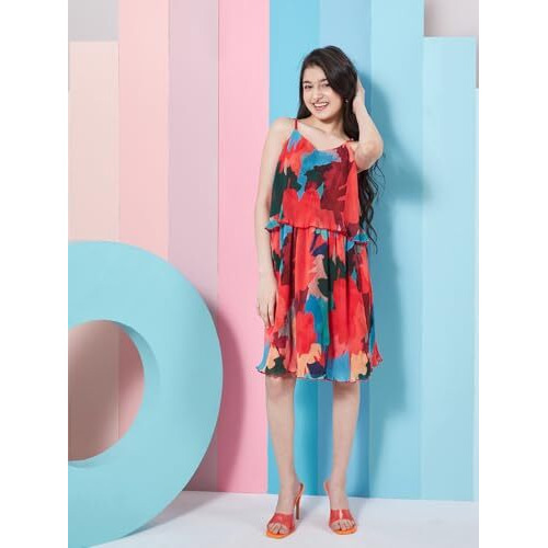 Pspeaches Chic Girls Abstract Printed Georgette Fit Flare Dress Red Color Fashionable Dress (15-16Years)