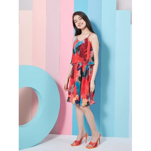 Pspeaches Chic Girls Abstract Printed Georgette Fit Flare Dress Red Color Fashionable Dress (15-16Years)